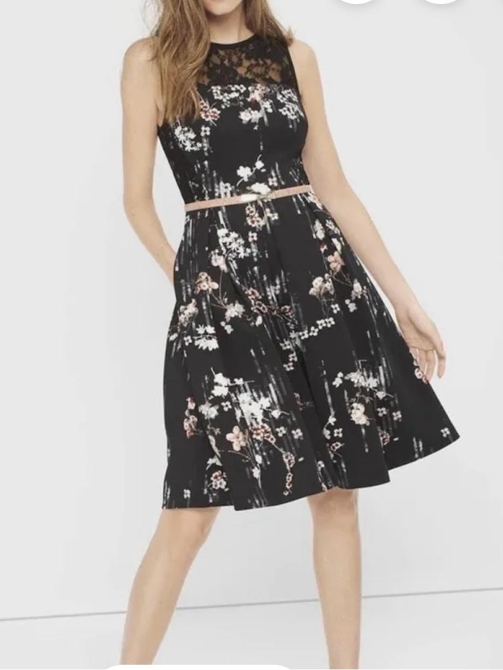 WHBM Black Floral Dress with lace detail